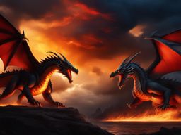epic battle between mighty dragons amidst a stormy, fiery sky. 