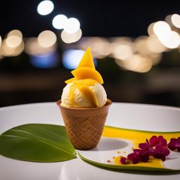 mango and sticky rice ice cream, a thai fusion delight, devoured at a rooftop party in phuket. 