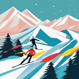 Snow Skiing Downhill Race Clipart - Skiers racing down a snowy slope.  color vector clipart, minimal style