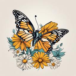 Butterfly Daisy Tattoo-Combination of the grace of butterflies with the simplicity of daisies in a tattoo, symbolizing change and natural beauty.  simple vector color tattoo