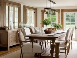 Country dining room combines a sturdy wooden table, classic dining chairs, and cozy linens to create a welcoming space for family meals.  