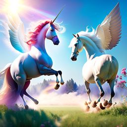 unicorn vs pegasus - ethereal equines engage in a graceful aerial dance above a sunlit meadow, hooves and wings creating a majestic spectacle. 