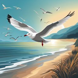 Seagulls clipart - Seagulls soaring over the shoreline, ,vector color clipart,minimal