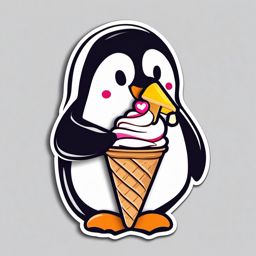 Penguin with Ice Cream Sticker - A penguin enjoying a tasty ice cream cone. ,vector color sticker art,minimal