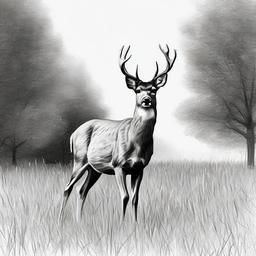 drawing of a deer in a field  minimal rough sketch scribbles,doodles,black and white