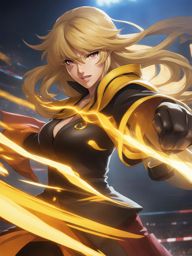 yang xiao long - delivers powerful blows in a high-speed arena battle. 