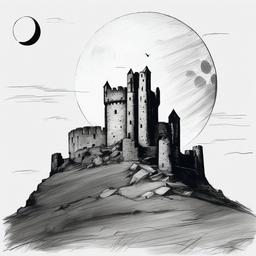 drawing of a ruined castle under the moon  minimal rough sketch scribbles,doodles,black and white