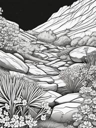 Saxifrage coloring page sheet - Saxifrage flowers blooming in a rock garden on a hillside.  black outline printable coloring page