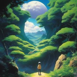 An anime boy, trapped in a dreamlike dimension, encounters enigmatic beings and surreal landscapes, questioning the nature of reality.  1990s anime style