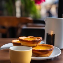 pastel de nata in a portuguese café - savoring portuguese pastel de nata custard tarts with a cup of coffee at a charming café. 