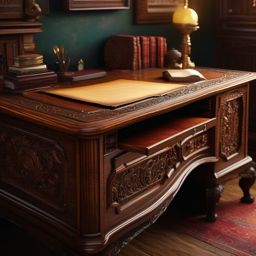 Antique Desk - An antique desk with intricate carving and a leather writing surface hyperrealistic, intricately detailed, color depth,splash art, concept art, mid shot, sharp focus, dramatic, 2/3 face angle, side light, colorful background
