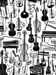 drawing of musical instruments in a symphony  minimal rough sketch scribbles,doodles,black and white