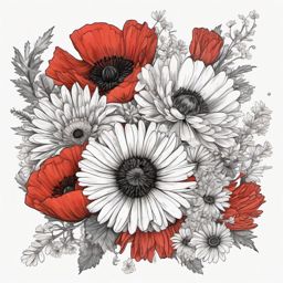 Poppy, Daisy, chrysanthemum bouqet ,tattoo design, white background