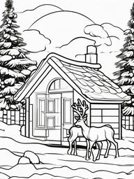 Santa and Reindeer on Roof Coloring Pages - Preparing to Enter the Chimney  minimal black outline printable sheet, coloring page