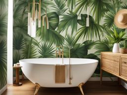 tropical bathroom with palm leaf wallpaper and bamboo accessories. 