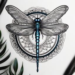 Dragonfly Mandala Tattoo - Tattoo featuring a dragonfly incorporated into a mandala design.  simple color tattoo,minimalist,white background