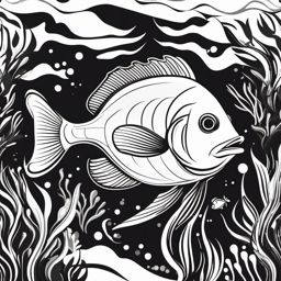 Fish Clipart Black and White,Illustrating a monochrome marine life mural with fish clipart black and white  simple, 2d flat