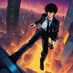 spike spiegel dives into a gunfight amid neon lights and skyscrapers in a futuristic metropolis. 