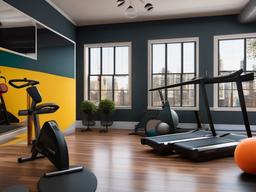 In the gym room, vintage interior design includes retro workout equipment, colorful accents, and a well-organized layout that enhances fitness activities in a stylish environment.  