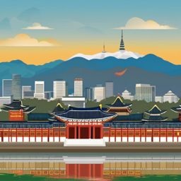 Seoul clipart - Gyeongbokgung Palace and Seoul skyline,  color vector clipart