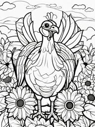 Turkey and Sunflowers Coloring Pages - Happy Turkey Among Bright Sunflowers  minimal black outline printable sheet, coloring page