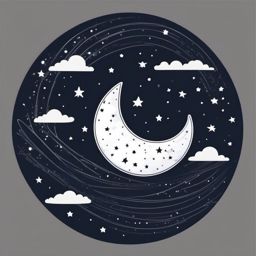 Moon with Stars and Clouds Sticker - Crescent moon amidst stars and clouds, ,vector color sticker art,minimal