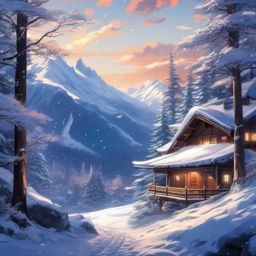 Snowy Mountain Retreat in Anime Winter Anime Background intricate details, patterns, wallpaper photo