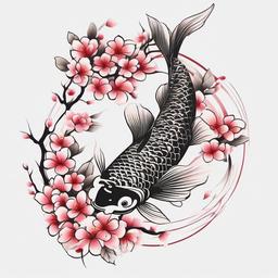 Japanese Cherry Blossom with Koi Fish Tattoo - Koi fish with cherry blossoms in Japanese tattoo art.  simple color tattoo,white background,minimal