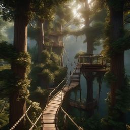 Frayed rope ladder leads to a hidden treehouse among the treetops.  8k, hyper realistic, cinematic