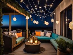 The balcony showcases cosmic chic interior design with bright outdoor furniture, celestial-themed cushions, and hanging lights that create a fun and inviting space for relaxation.  