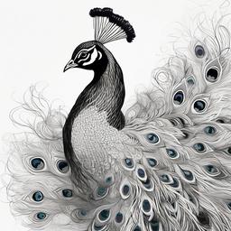 drawing of a beautiful peacock  minimal rough scribbles,doodles,black and white