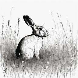 drawing of a bunny in a meadow  minimal rough sketch scribbles,doodles,black and white