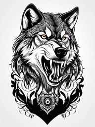 Wolf Growling Tattoo,wolf captured in a fierce growling pose, symbol of untamed strength and determination. , tattoo design, white clean background