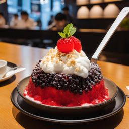 bingsu, korean shaved ice dessert, indulged at a trendy dessert cafe in seoul. 