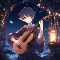 Anime musician playing a magical instrument in a moonlit night.  front facing ,centered portrait shot, cute anime color style, pfp, full face visible