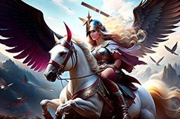 valkyrie, the noble warrior maiden, riding a winged steed over a battlefield of fallen heroes. 