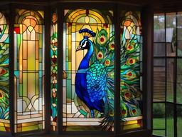 Stained Glass Peacock - Peacock strutting in barnyard  