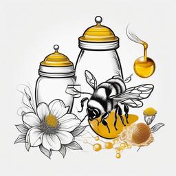 Bee and Honey Pot Tattoo - Celebrate the sweet rewards of bees with a bee and honey pot tattoo, symbolizing the symbiotic relationship between bees and honey.  simple tattoo,minimalist,white background