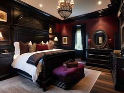 Gothic master bedroom incorporates dark wood furniture, rich colors, and ornate details that create a dramatic and moody space.  