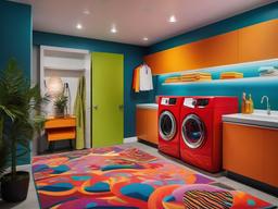 In the laundry room, psychedelic interior design includes bold colors, creative storage solutions, and lively decor that transforms chores into a fun and engaging experience.  