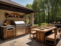 In the outdoor kitchen, American Colonial interior design showcases a rustic wooden dining set, a classic grill, and vintage accents that enhance cooking and entertaining experiences in a charming setting.  