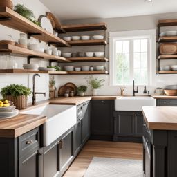 farmhouse kitchen with farmhouse sink and open wooden shelving. 