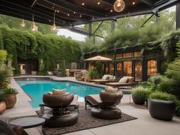 The pool area embraces steampunk interior design with vintage loungers, industrial accents, and lush landscaping that creates an inviting space for summer enjoyment.  