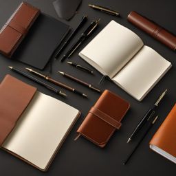 Leather-bound notebooks and pens top view, photo realistic background, hyper detail, high resolution