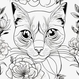 Black Cat Flower Tattoo - Tattoo featuring a black cat with floral elements.  minimal color tattoo, white background
