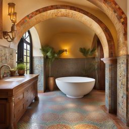 mediterranean-style bathroom with colorful mosaic tiles and arches. 