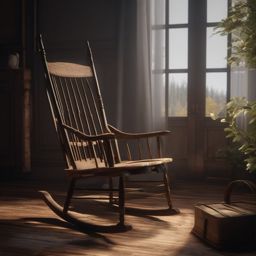 Neglected and broken rocking chair creaks with memories of lullabies and stories.  8k, hyper realistic, cinematic