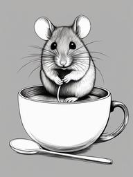 drawing of a mouse hiding in a teacup  minimal rough sketch scribbles,doodles,black and white