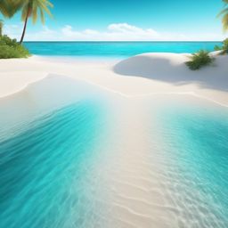 White sandy beach with turquoise waters close shot perspective view, photo realistic background, hyper detail, high resolution