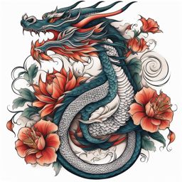 Dragon and flower tattoo, Creative tattoos combining the elegance of dragons with the grace of flowers.  color, tattoo style pattern, clean white background